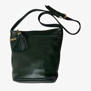 Tignanello Leather Shoulder Bag Tassle Crossbody Strap Green Zip Pockets Classic